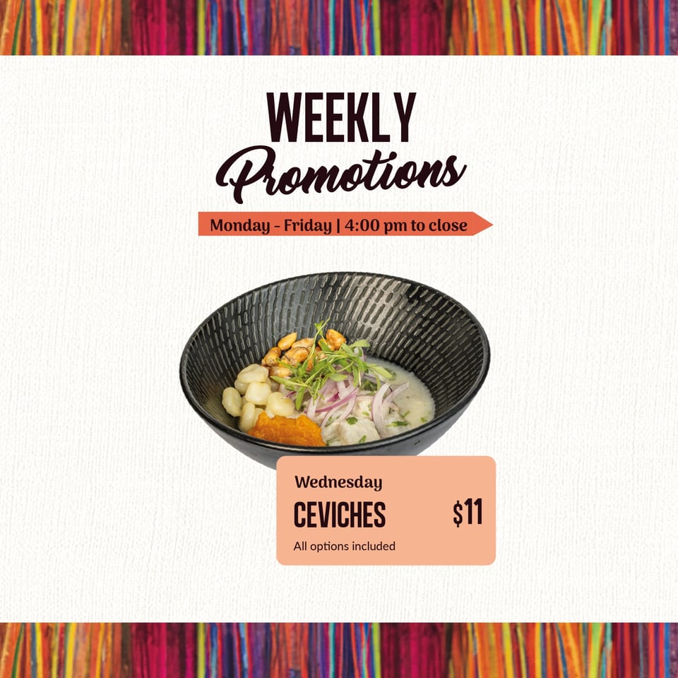Bocas House weekly promotion for Ceviches on Wednesday, featuring a bowl of ceviche with corn and red onion.