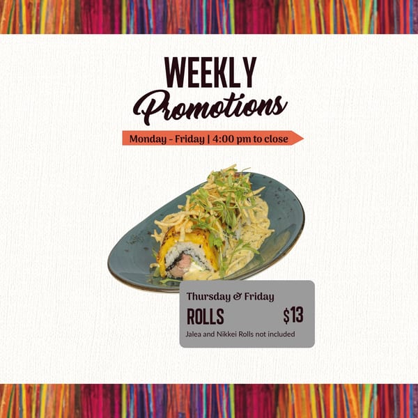 Bocas House promotion for rolls, featuring a plate of sushi rolls drizzled with sauce and topped with greens.